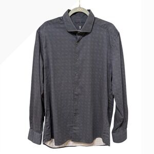 Visconti Black Mens XL Tailored Fit Charcoal Grey Geometric Cotton Button Shirt